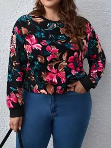 SHEIN LUNE Plus Floral Print Drop Shoulder Sweatshirt Graduation,Back To School Outfits,Graduation,Teacher Outfits For Women,Back To School In Fall/Winter - Multicolor - View 1