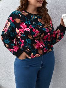 SHEIN LUNE Plus Floral Print Drop Shoulder Sweatshirt Graduation,Back To School Outfits,Graduation,Teacher Outfits For Women,Back To School In Fall/Winter - Multicolor - View 3