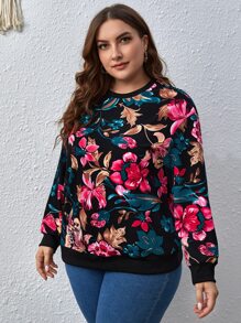 SHEIN LUNE Plus Floral Print Drop Shoulder Sweatshirt Graduation,Back To School Outfits,Graduation,Teacher Outfits For Women,Back To School In Fall/Winter - Multicolor - View 5