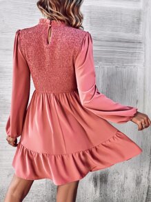 SHEIN Clasi Frill Neck Shirred Bodice Lantern Sleeve Ruffle Hem Dress - Pink - View 2