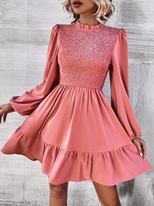 SHEIN Clasi Frill Neck Shirred Bodice Lantern Sleeve Ruffle Hem Dress - Pink - View 3