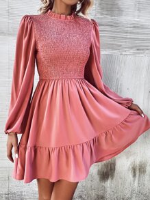 SHEIN Clasi Frill Neck Shirred Bodice Lantern Sleeve Ruffle Hem Dress - Pink - View 4