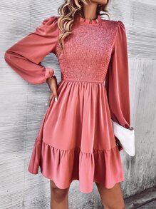 SHEIN Clasi Frill Neck Shirred Bodice Lantern Sleeve Ruffle Hem Dress - Pink - View 5