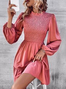 SHEIN Clasi Frill Neck Shirred Bodice Lantern Sleeve Ruffle Hem Dress - Pink - View 6