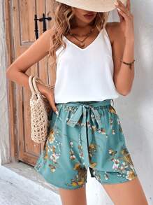 SHEIN LUNE Solid Cami Top & Floral Print Belted Shorts - Mint Green - View 6