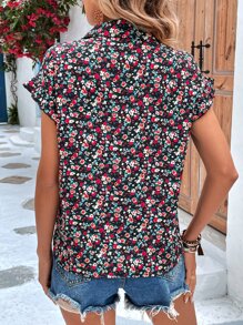 SHEIN LUNE Ditsy Floral Print Flounce Sleeve Shirt - Multicolor - View 2