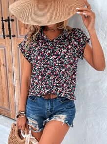 SHEIN LUNE Ditsy Floral Print Flounce Sleeve Shirt - Multicolor - View 6
