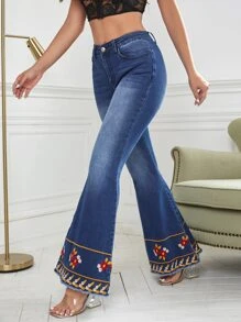 Floral Embroidery Flare Leg Jeans - Dark Wash - View 1