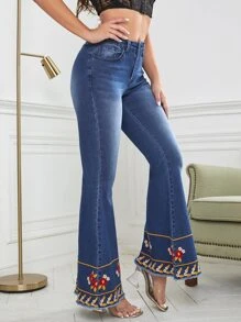 Floral Embroidery Flare Leg Jeans - Dark Wash - View 3