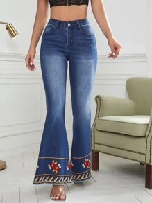 Floral Embroidery Flare Leg Jeans - Dark Wash - View 5