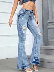 Ripped Flare Leg Jeans - Light Wash - View 1
