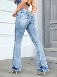 Ripped Flare Leg Jeans - Light Wash - View 2