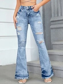 Ripped Flare Leg Jeans - Light Wash - View 3