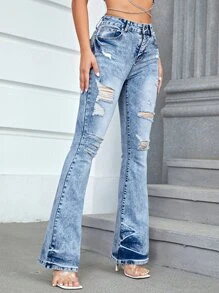 Ripped Flare Leg Jeans - Light Wash - View 5