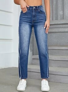 Contrast Tape Mom Fit Jeans - Dark Wash - View 4