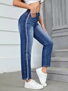 Contrast Tape Mom Fit Jeans - Dark Wash - View 5