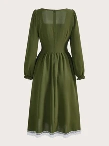 ROMWE Fairycore Contrast Lace Square Neck Flounce Sleeve Dress - Army Green - View 4