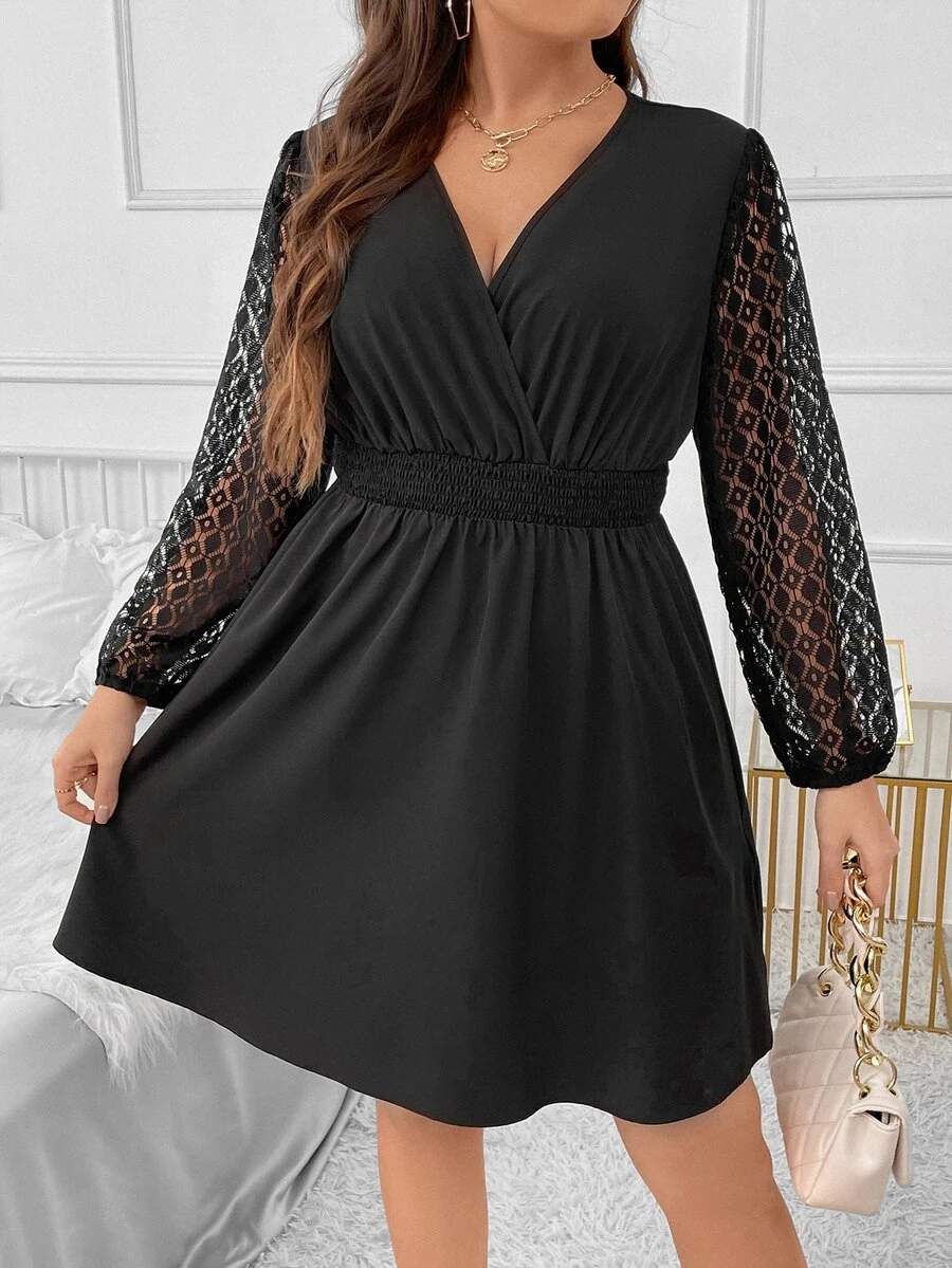 SHEIN LUNE Plus Contrast Lace Lantern Sleeve Overlap Collar Dress - Black - View 1