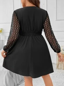 SHEIN LUNE Plus Contrast Lace Lantern Sleeve Overlap Collar Dress - Black - View 2