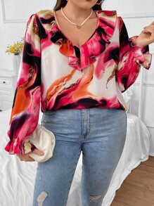 SHEIN LUNE 大碼圖案印花荷葉邊荷葉袖襯衫 - 彩色 - 查看 1