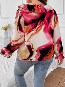 SHEIN LUNE 大碼圖案印花荷葉邊荷葉袖襯衫 - 彩色 - 查看 2