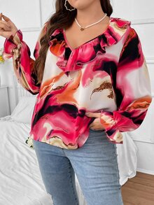 SHEIN LUNE 大碼圖案印花荷葉邊荷葉袖襯衫 - 彩色 - 查看 5