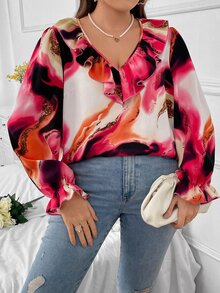 SHEIN LUNE 大碼圖案印花荷葉邊荷葉袖襯衫 - 彩色 - 查看 6