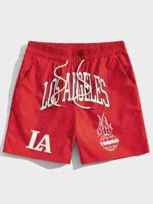 ROMWE MEN Prep Men Letter Graphic Drawstring Waist Shorts, School - Red - View 1