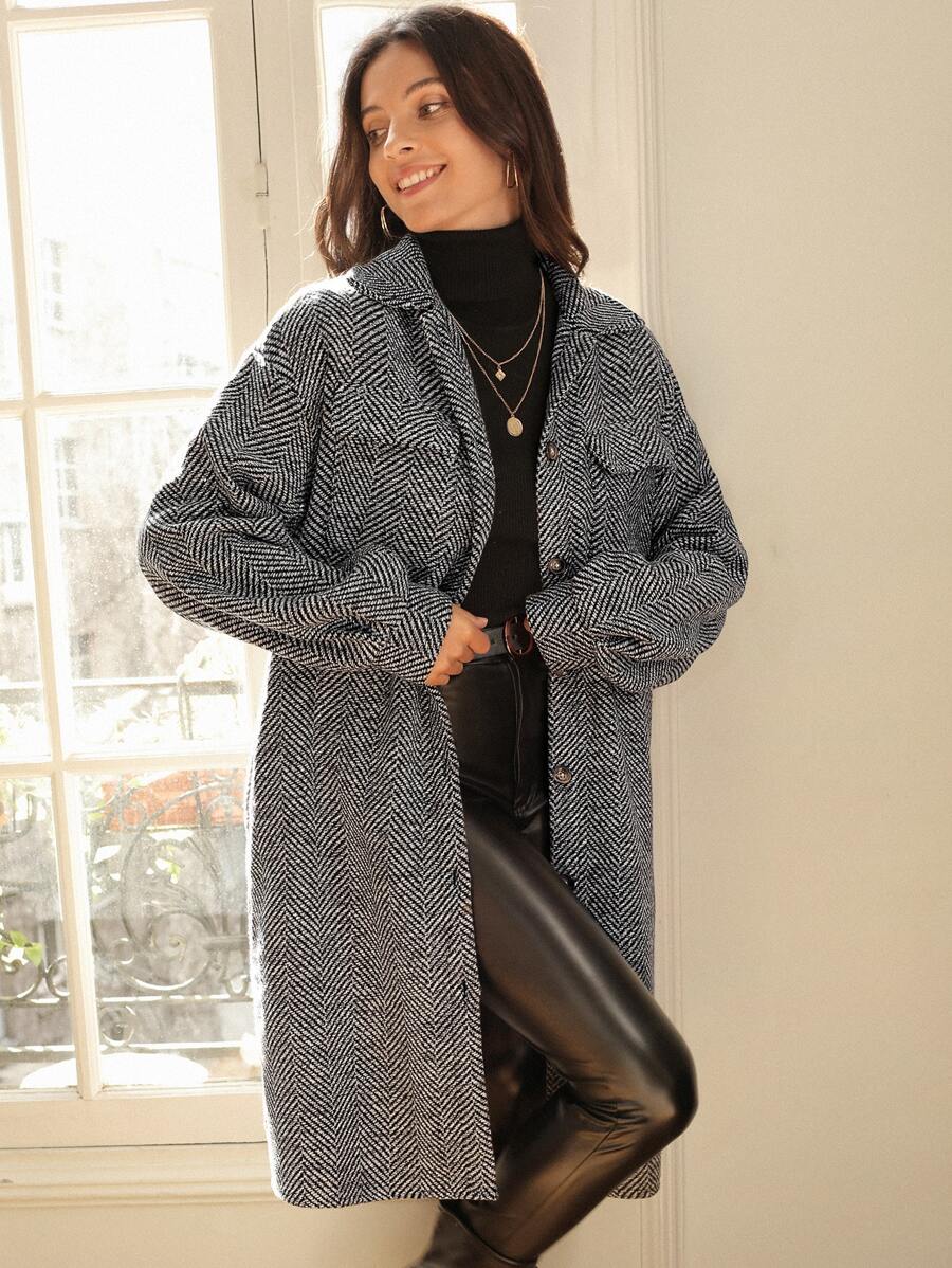 SHEIN Frenchy Chevron Pattern Flap Pocket Drop Shoulder Overcoat - Dark Grey - View 1