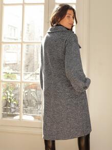 SHEIN Frenchy Chevron Pattern Flap Pocket Drop Shoulder Overcoat - Dark Grey - View 2