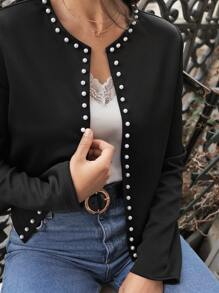 SHEIN Frenchy Pearls Beaded Open Front Jacket - Black - View 3