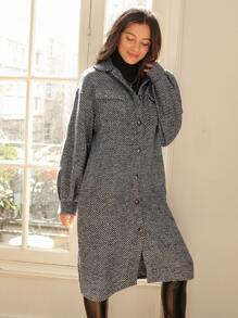 SHEIN Frenchy Chevron Pattern Flap Pocket Drop Shoulder Overcoat - Dark Grey - View 3