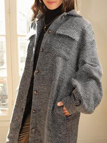 SHEIN Frenchy Chevron Pattern Flap Pocket Drop Shoulder Overcoat - Dark Grey - View 6