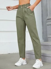 High Waist Fold Pleated Mom Fit Jeans - Army Green - View 1