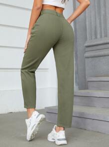 High Waist Fold Pleated Mom Fit Jeans - Army Green - View 2