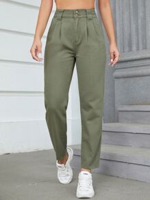 High Waist Fold Pleated Mom Fit Jeans - Army Green - View 3