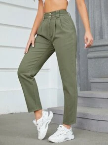 High Waist Fold Pleated Mom Fit Jeans - Army Green - View 4