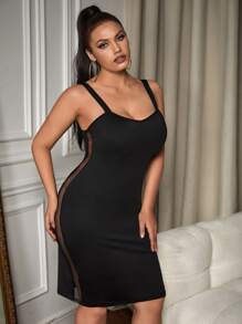 SHEIN SXY Plus Contrast Mesh Cami Bodycon Dress - Black - View 5