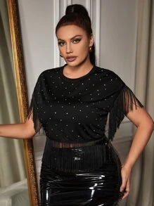 SHEIN SXY Camiseta con diamante de imitación ribete con fleco - Negro - Ver 1