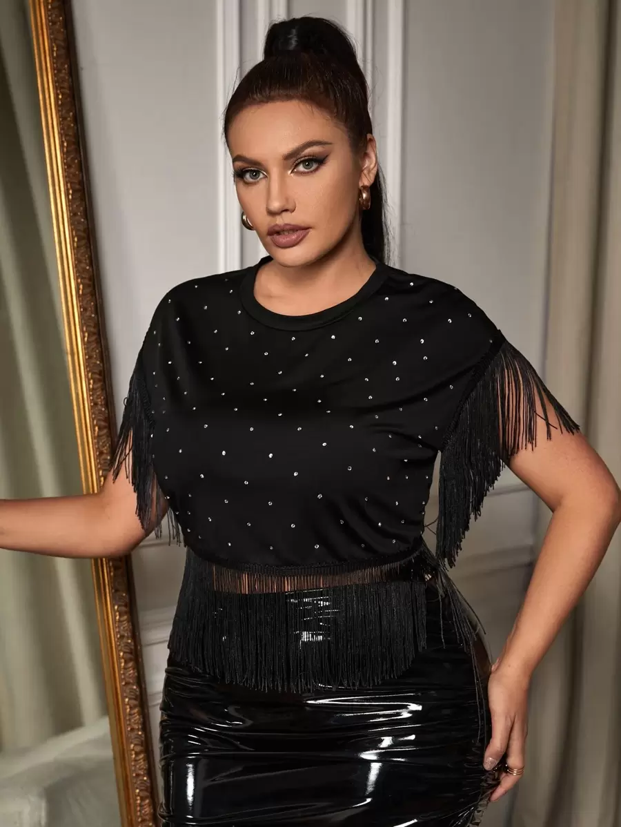 SHEIN SXY Camiseta con diamante de imitación ribete con fleco - Negro - Ver 1