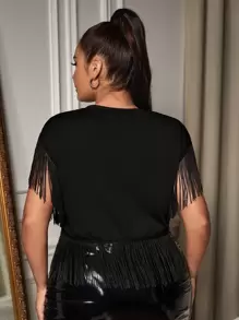 SHEIN SXY Camiseta con diamante de imitación ribete con fleco - Negro - Ver 2