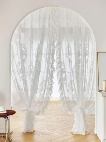 Floral Lace Ruffle Trim Single Panel Sheer Curtain - White - View 1