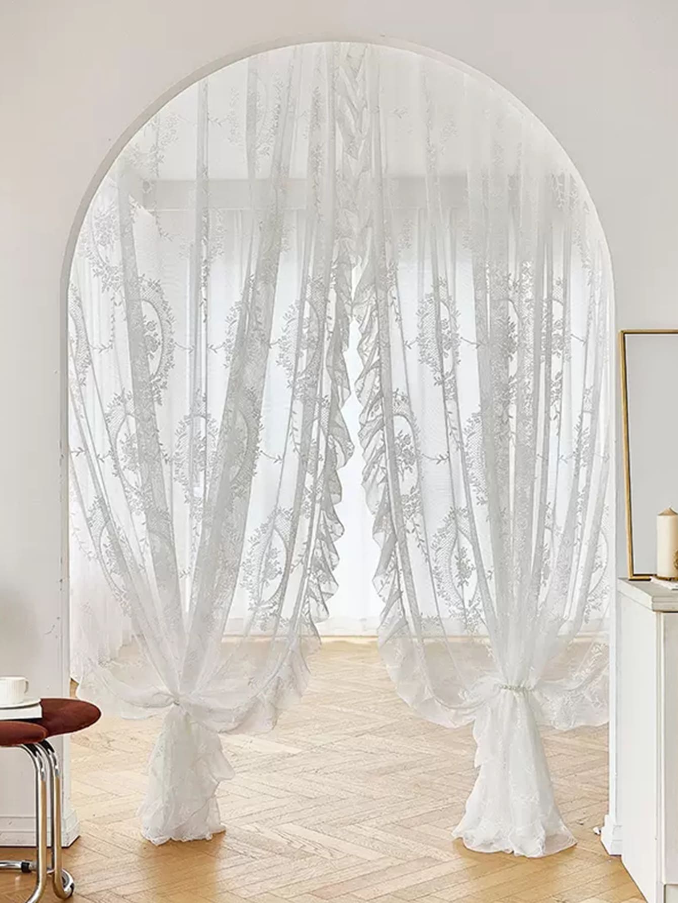 Floral Lace Ruffle Trim Single Panel Sheer Curtain - White - View 1