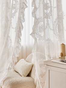 Floral Lace Ruffle Trim Single Panel Sheer Curtain - White - View 2