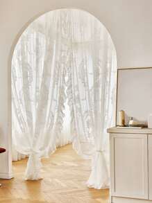 Floral Lace Ruffle Trim Single Panel Sheer Curtain - White - View 5