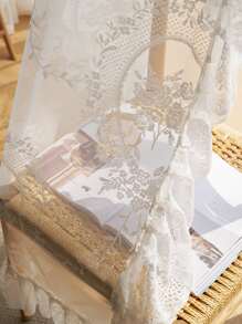 Floral Lace Ruffle Trim Single Panel Sheer Curtain - White - View 7