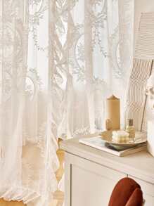 Floral Lace Ruffle Trim Single Panel Sheer Curtain - White - View 8