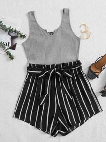 SHEIN VCAY Mono tank de rayas con cinturón - Multicolor - Ver 1