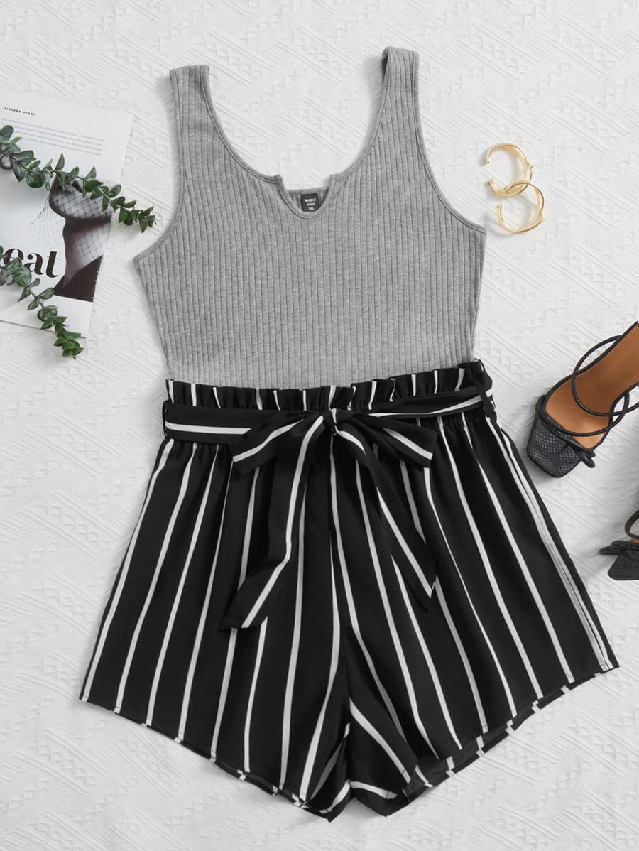SHEIN VCAY Mono tank de rayas con cinturón - Multicolor - Ver 1