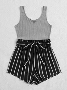 SHEIN VCAY Mono tank de rayas con cinturón - Multicolor - Ver 3